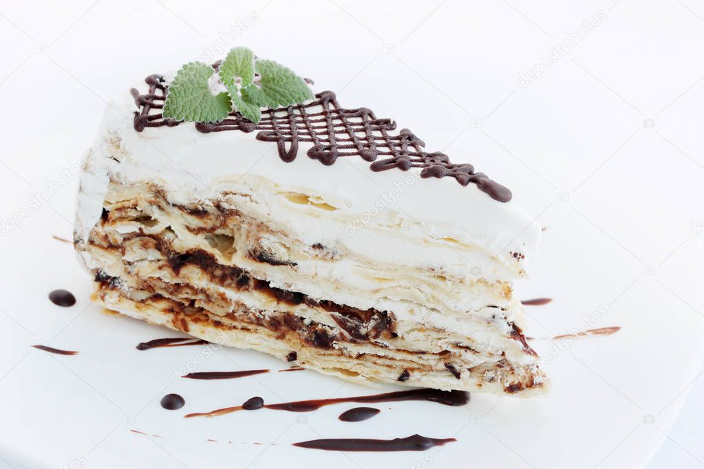 napoleon cake with chocolate filling and mint