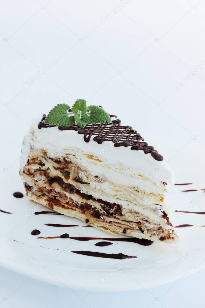 napoleon cake with chocolate filling and mint