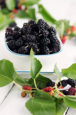 Beyaz bir tabak içinde taze siyah dut