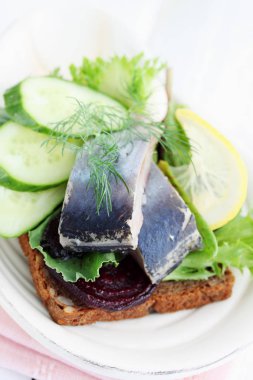 salatalık ve bir dilim ekmek üzerine limon ile ringa balığı