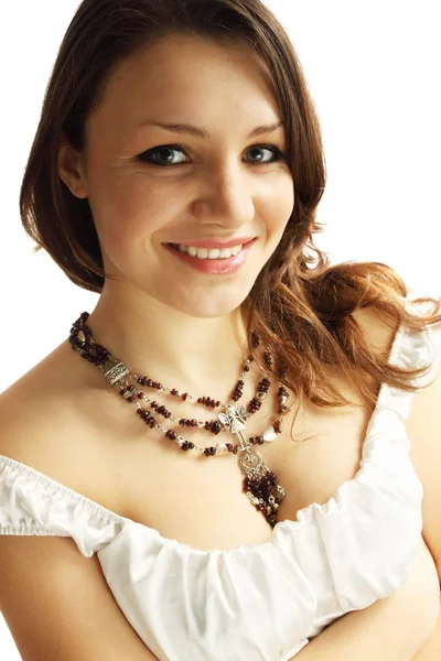 Beautiful Red Haired Woman Garnet Necklace — Stock Photo, Image