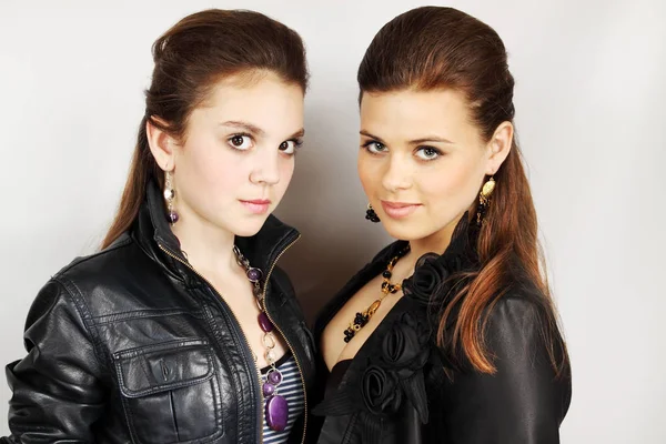 Two Young Women Leather Jackets Necklace — Stock Photo, Image