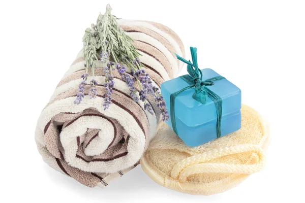 Badeausrüstung Seife Waschlappen Handtuch Und Lavendel — Stockfoto