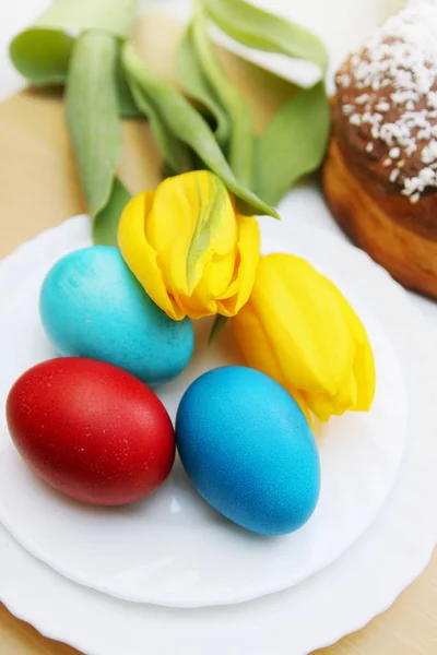 Passover Holiday Still Life Eggs Flowers Cake — Stock Photo, Image