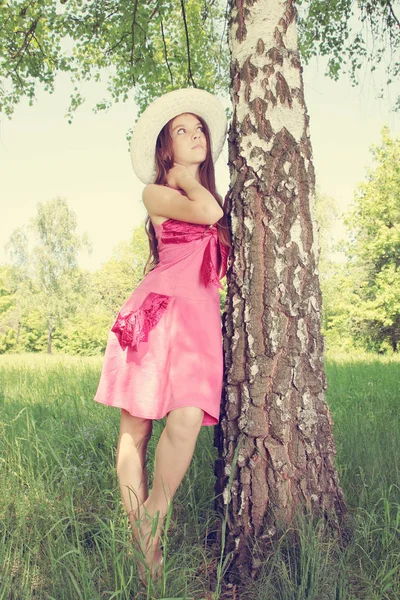 Dreamy Girl Hat Standing Birch — Stock Photo, Image