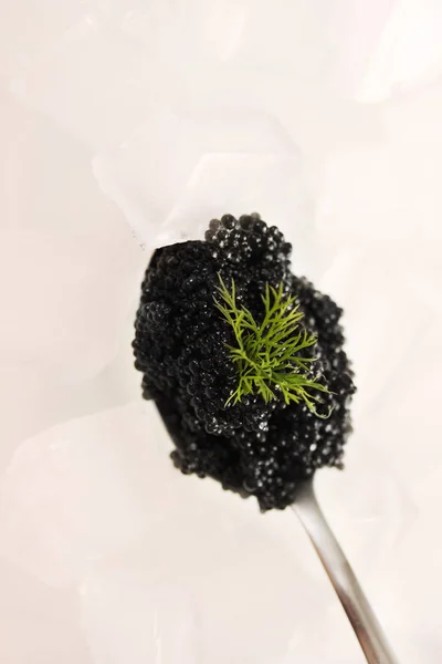 Colher Caviar Preto Com Endro Gelo — Fotografia de Stock