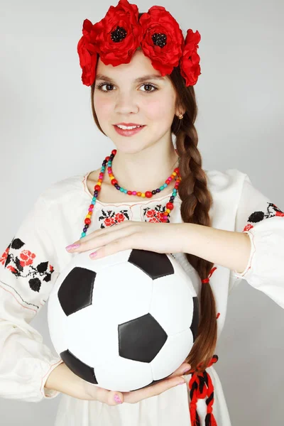 Woman Ukrainian Suit Holds Ball — Stock Photo, Image