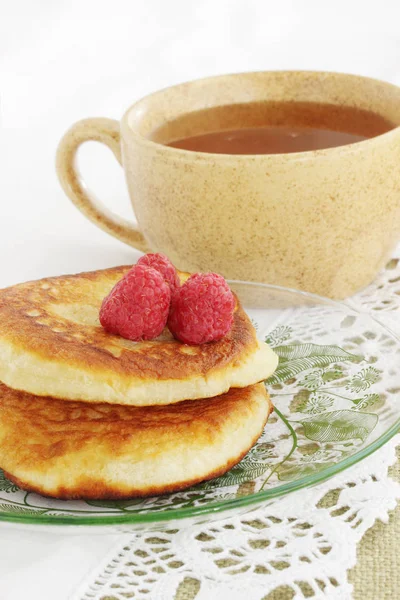 Morning Breakfast Pancakes Raspberries Tea — Stock Photo, Image