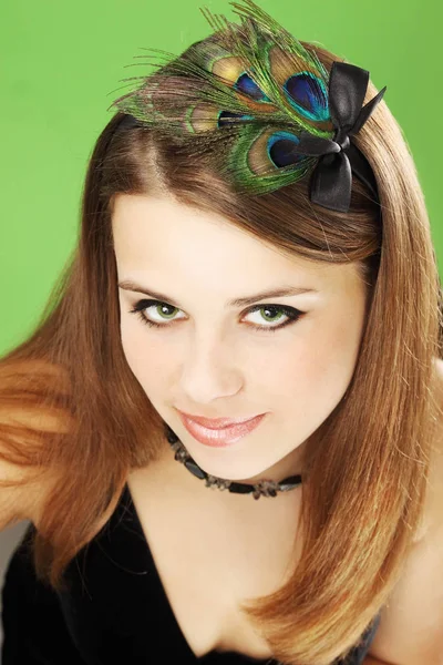 Beautiful Woman Peacock Feathers Her Hair — Stock Photo, Image