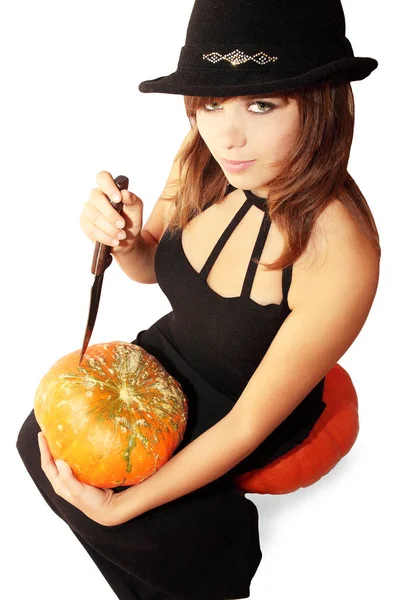 Witch Holds Hands Pumpkin Knife — Stock Photo, Image