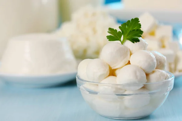 Small Balls Mozzarella Transparent Bowl — Stock Photo, Image