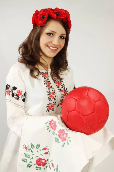 Ukrainian Woman Invites Euro2012 Holds Red Ball Embroidered Towel — Stock Photo, Image