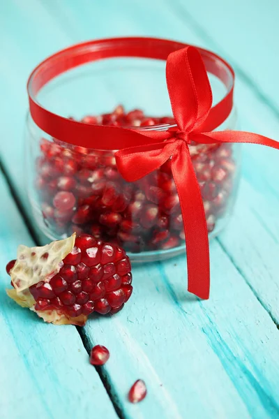 Pomegranate Berries Glass Jar Red Bow — Stock Photo, Image