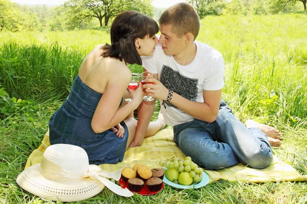 ワインとピクニックに若いカップル — ストック写真