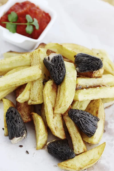 Fried Potatoes Sauce Chutney Mushrooms — Stock Photo, Image