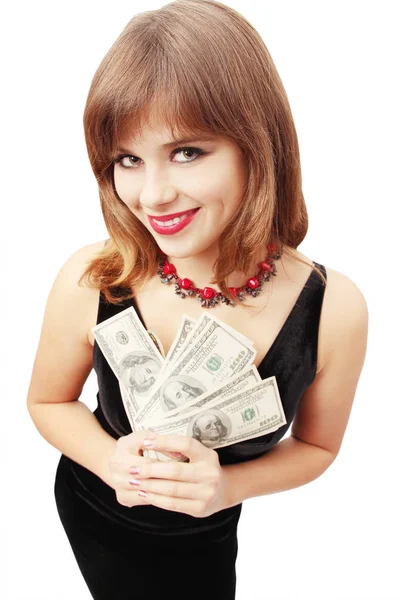 Mujer Sosteniendo Dinero Mano Sobre Fondo Blanco —  Fotos de Stock