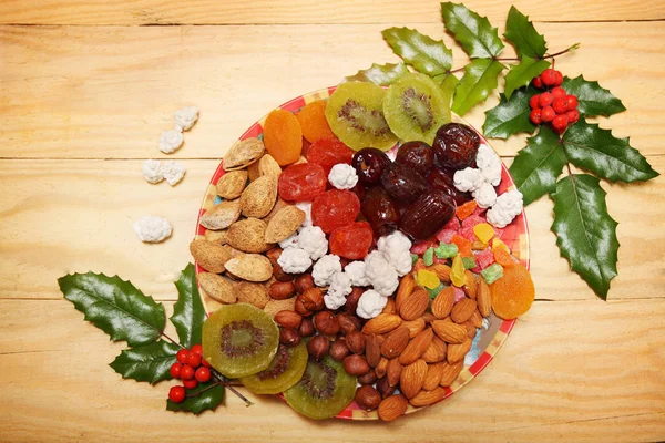 Natureza Morta Com Nozes Fruto Secado Estilo Natal — Fotografia de Stock