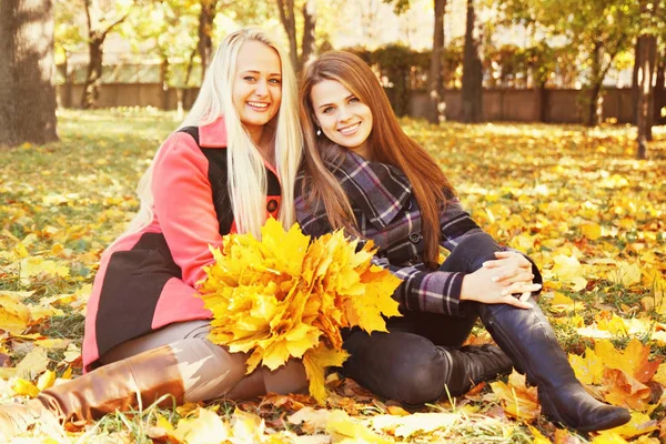 Två Unga Flickor Sitter Gräset — Stockfoto