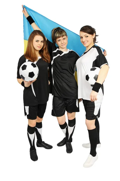 Tres Fanáticos Del Fútbol Ucraniano Con Pelota Bandera — Foto de Stock