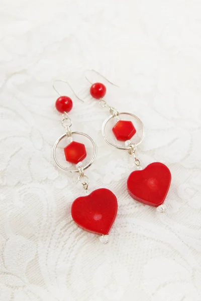 Earrings Silver Red Coral Shape Heart — Stock Photo, Image
