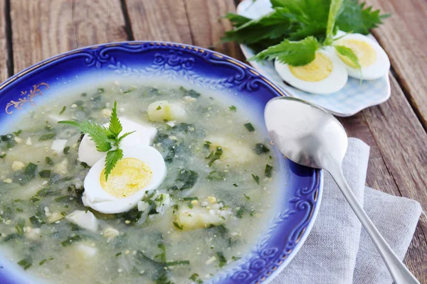Green borsch with nettles, sorrel and boiled eggs — Stock Image Green Borsch Nettles Sorrel Boiled Eggs Stock Image