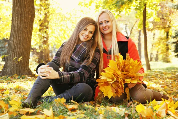 Duas Meninas Sentadas Grama — Fotografia de Stock