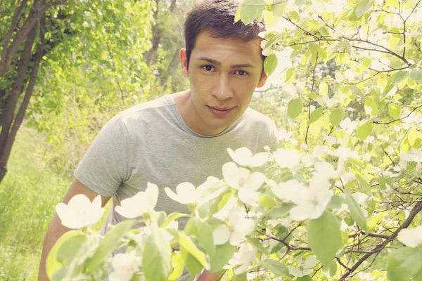 Молодой Человек Рядом Цветущим Кустом Айвы — стоковое фото