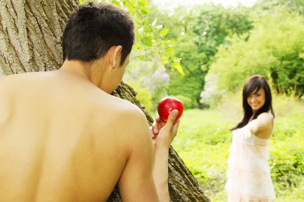 Adam Holds Out Apple Eve — Stock Photo, Image