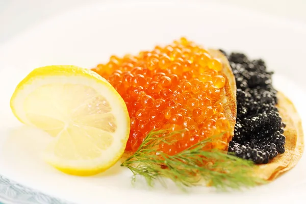 Thin Pancakes Red Black Caviar — Stock Photo, Image