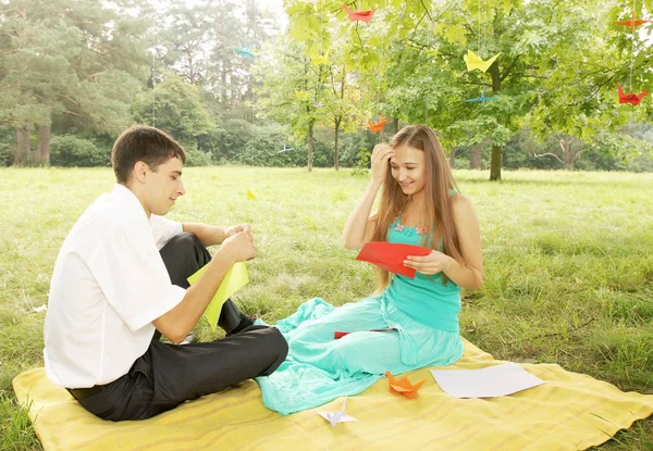 Άνδρας Και Γυναίκα Του Χαλαρώνεις Στην Φύση Κάντε Origami — Φωτογραφία Αρχείου