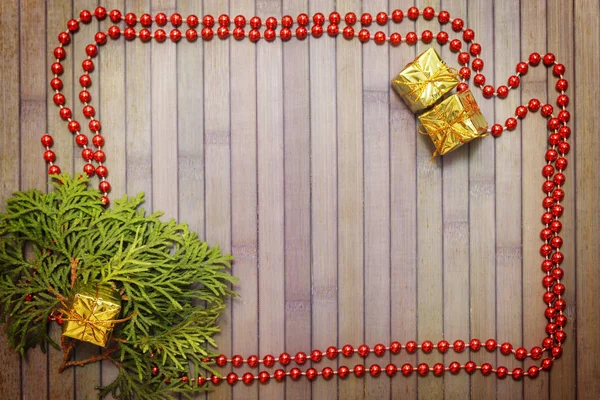 Fondo Madera Navidad Con Guirnalda Rama Thuja —  Fotos de Stock