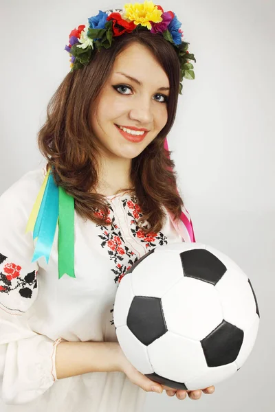 Woman Ukrainian Suit Holds Ball — Stock Photo, Image