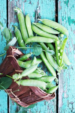 Huş kabuğu yapılmış sepet içinde yeşil bezelye