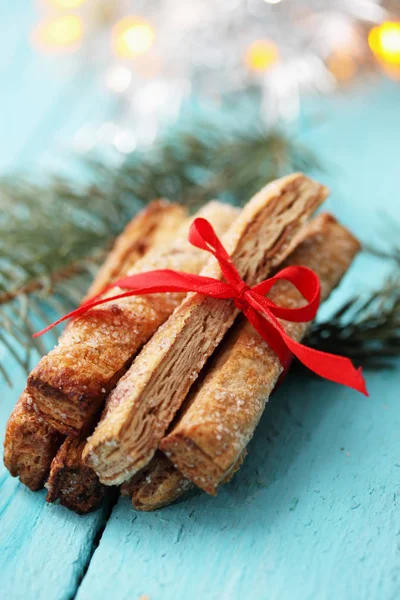 Cookies Suiker Sticks Met Met Een Blauwe Achtergrond Van Houten — Stockfoto