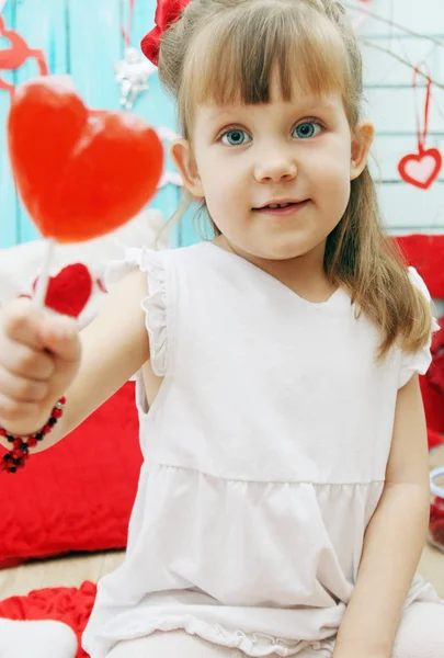 Beautiful Girl Holding Lollipop Shape Heart — Stock Photo, Image