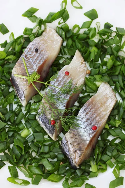 Slices Marinated Herring Green Onions Dill — Stock Photo, Image