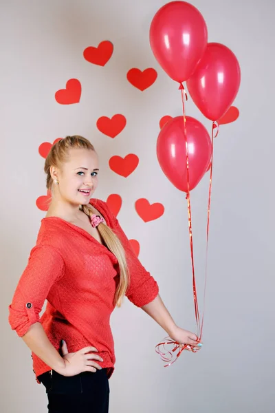 Joven Hermosa Mujer Rubia Sosteniendo Tres Globos — Foto de Stock