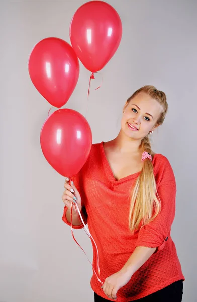 Jeune Belle Femme Blonde Tenant Trois Ballons — Photo