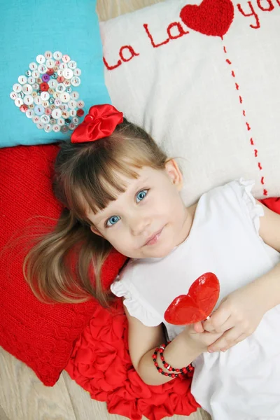 Beautiful Girl Holding Lollipop Shape Heart — Stock Photo, Image