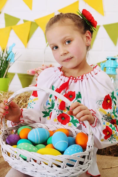 Girl Basket Colored Eggs — Stock Photo, Image