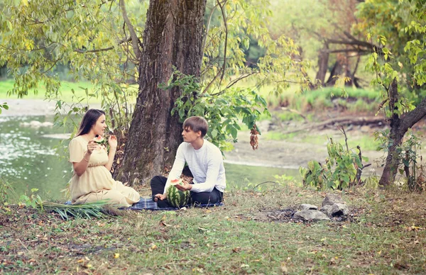 Jovem Casal Amoroso Esperando Bebê Piquenique Junto Rio — Fotografia de Stock