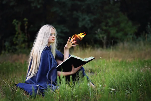 女巫与一本书在草地实践巫术 — 图库照片