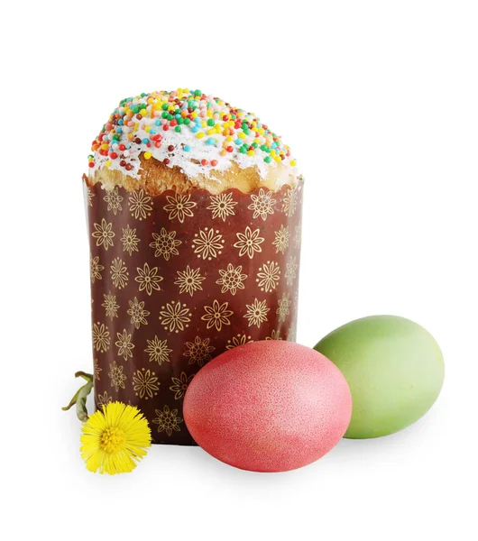 Little Easter Cake Colored Eggs Isolated — Stock Photo, Image