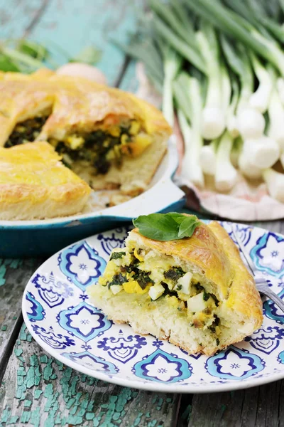 Homemade Pie Onion Spinach Eggs — Stock Photo, Image