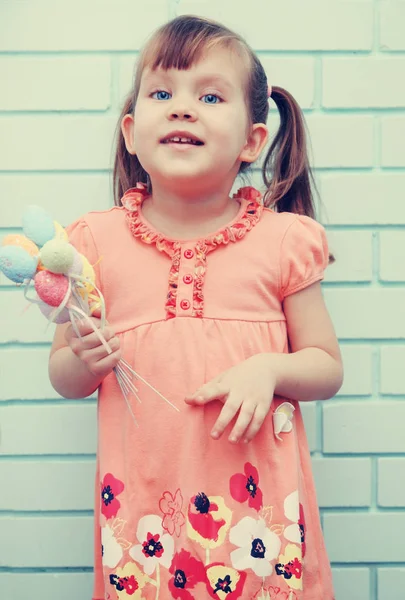 Girl Holding Bunch Decorative Easter Eggs — Stock Photo, Image