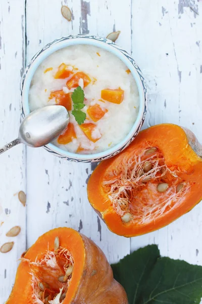 Milk Rice Porridge Pumpkin Wooden Board — Stock Photo, Image