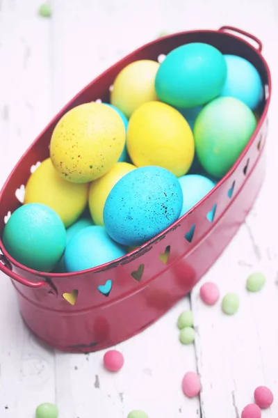 Easter Still Life Basket Colored Eggs — Stock Photo, Image