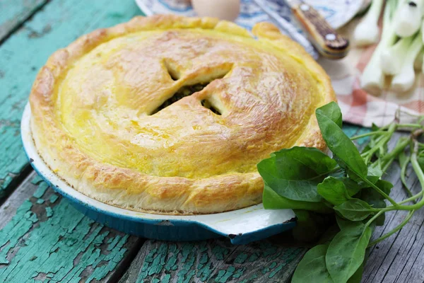 Homemade pie with onion, spinach and eggs