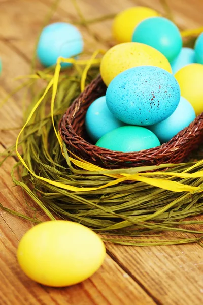 Easter Still Life Basket Colored Eggs — Stock Photo, Image