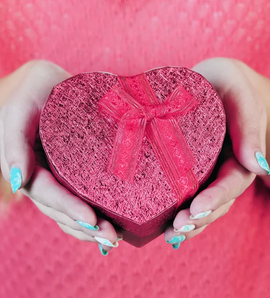Pink Heart Shaped Box His Hands Close — Stock Photo, Image